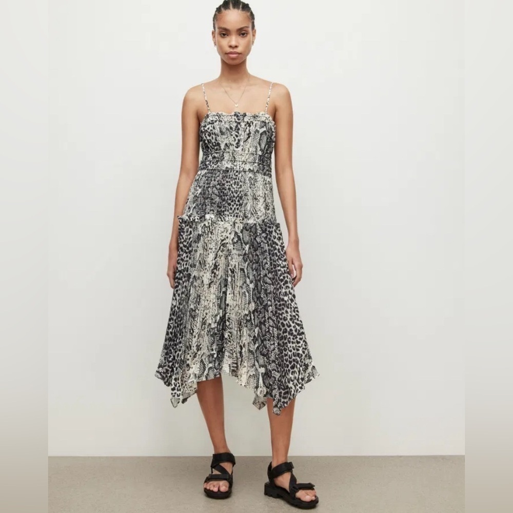 All Saints Phillipa Noche Animal Print Pleated Midi Dress Black Cream Size 8